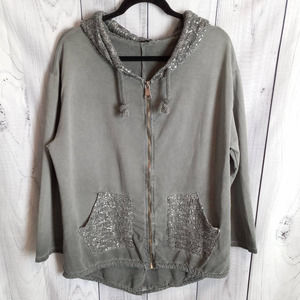 New Collection | Gray Vintage Wash Mixed Media BLING Full-Zip Hoodie